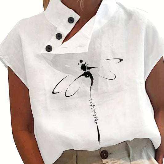 Dragonfly Button Neck Blouse