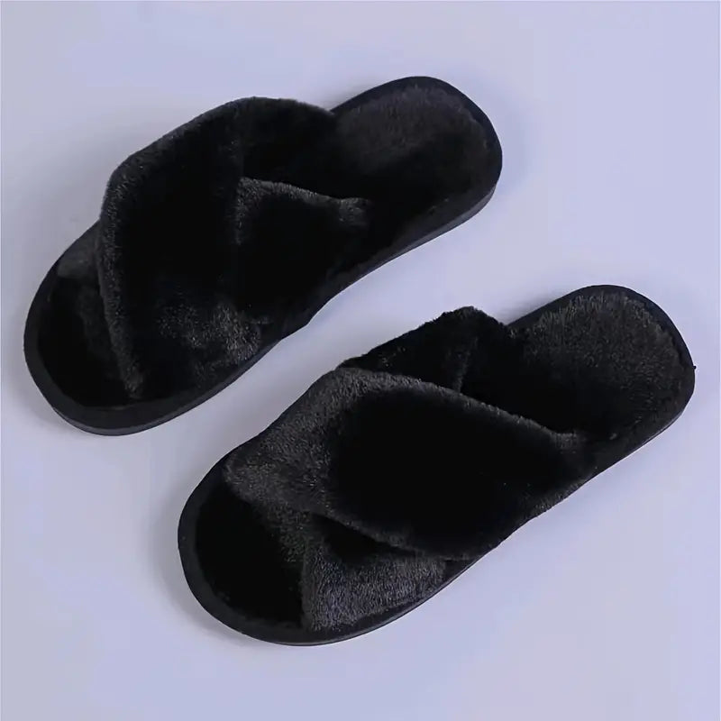 Womens Faux Fur Criss Cross Slippers