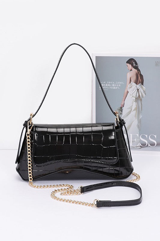 Metallic Croc Embossed Shoulder Bag