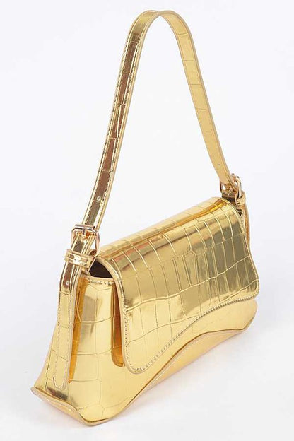 Metallic Croc Embossed Shoulder Bag