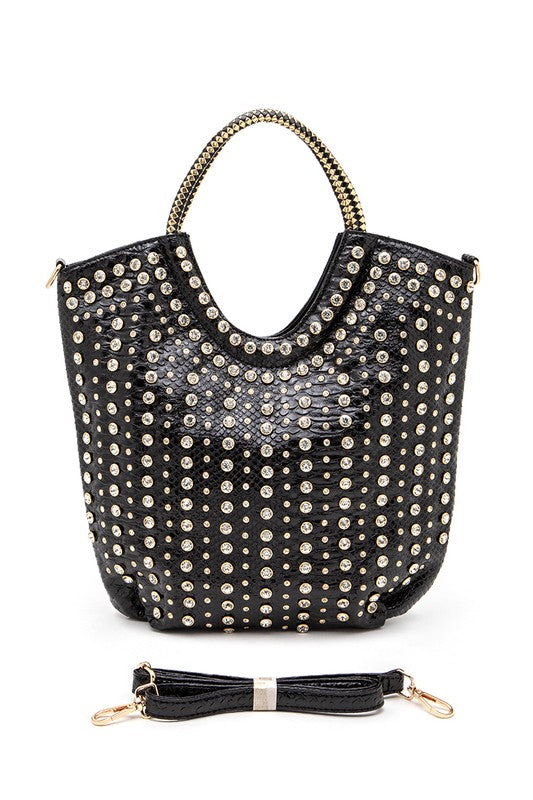 Crystal Studs Embellished Top Handle Tote Bag