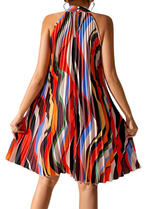 Multi-Color Halter Neck Pleated Dress