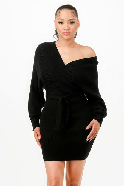 Off Shoulder Wrap Belted Ribbed Dress