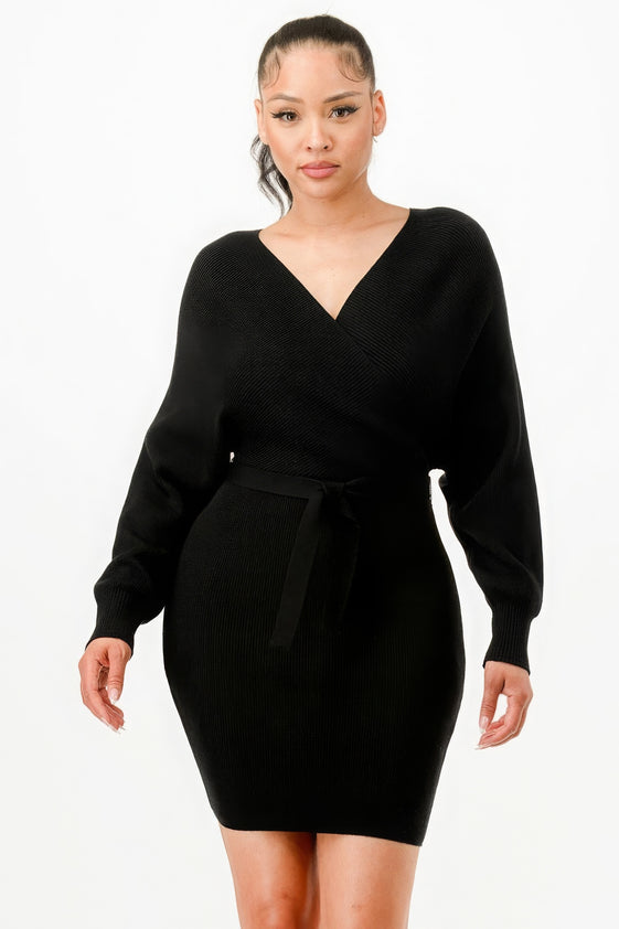 Off Shoulder Wrap Belted Ribbed Dress