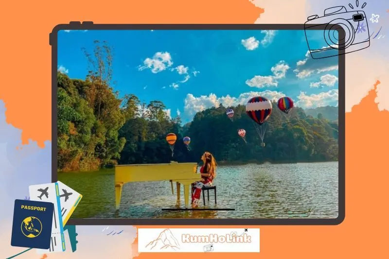 Đàn piano trắng giữa hồ